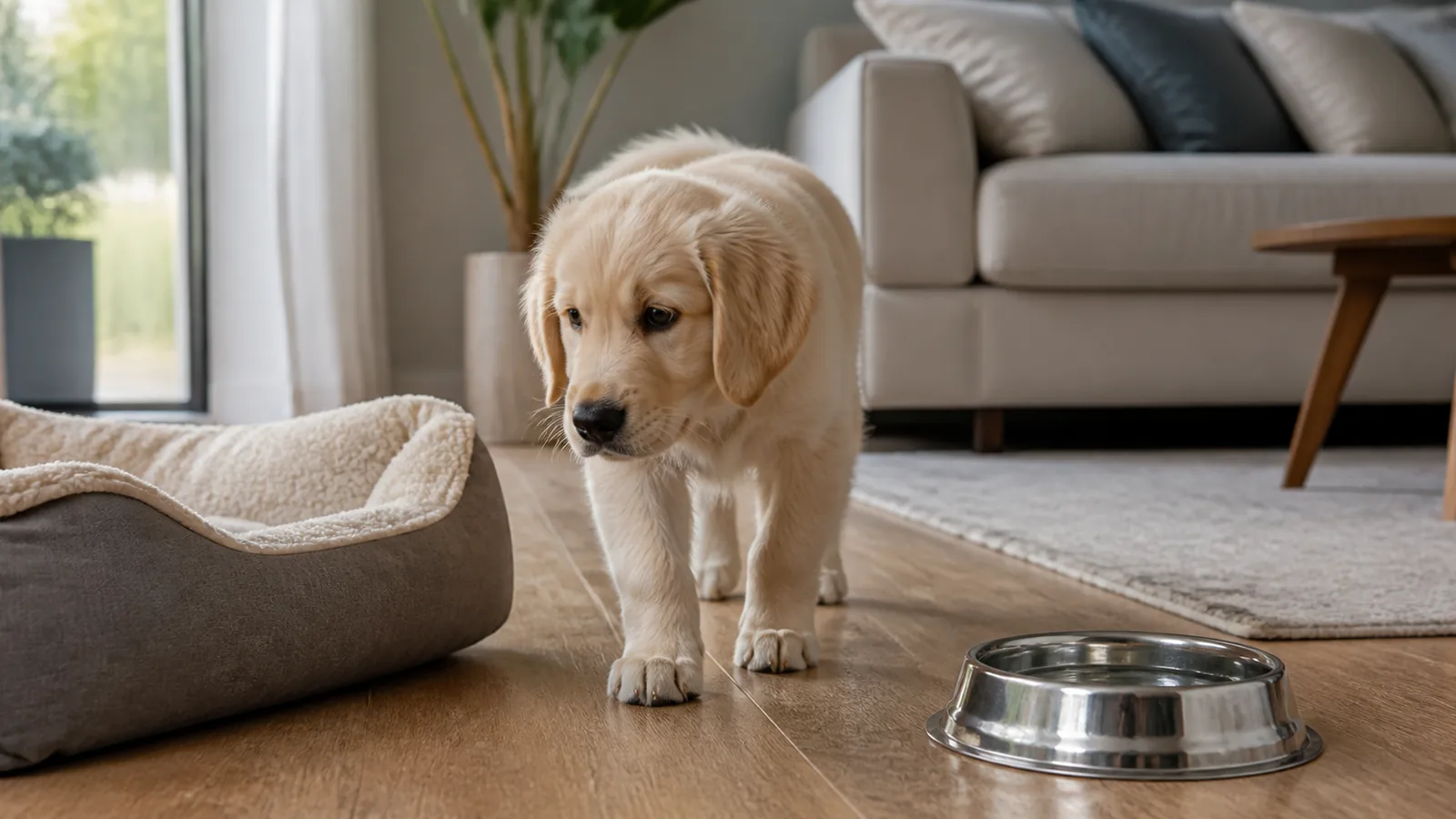 Chiot curieux découvre calmement un salon sécurisé avec couchage et bol d’eau, lumière naturelle.