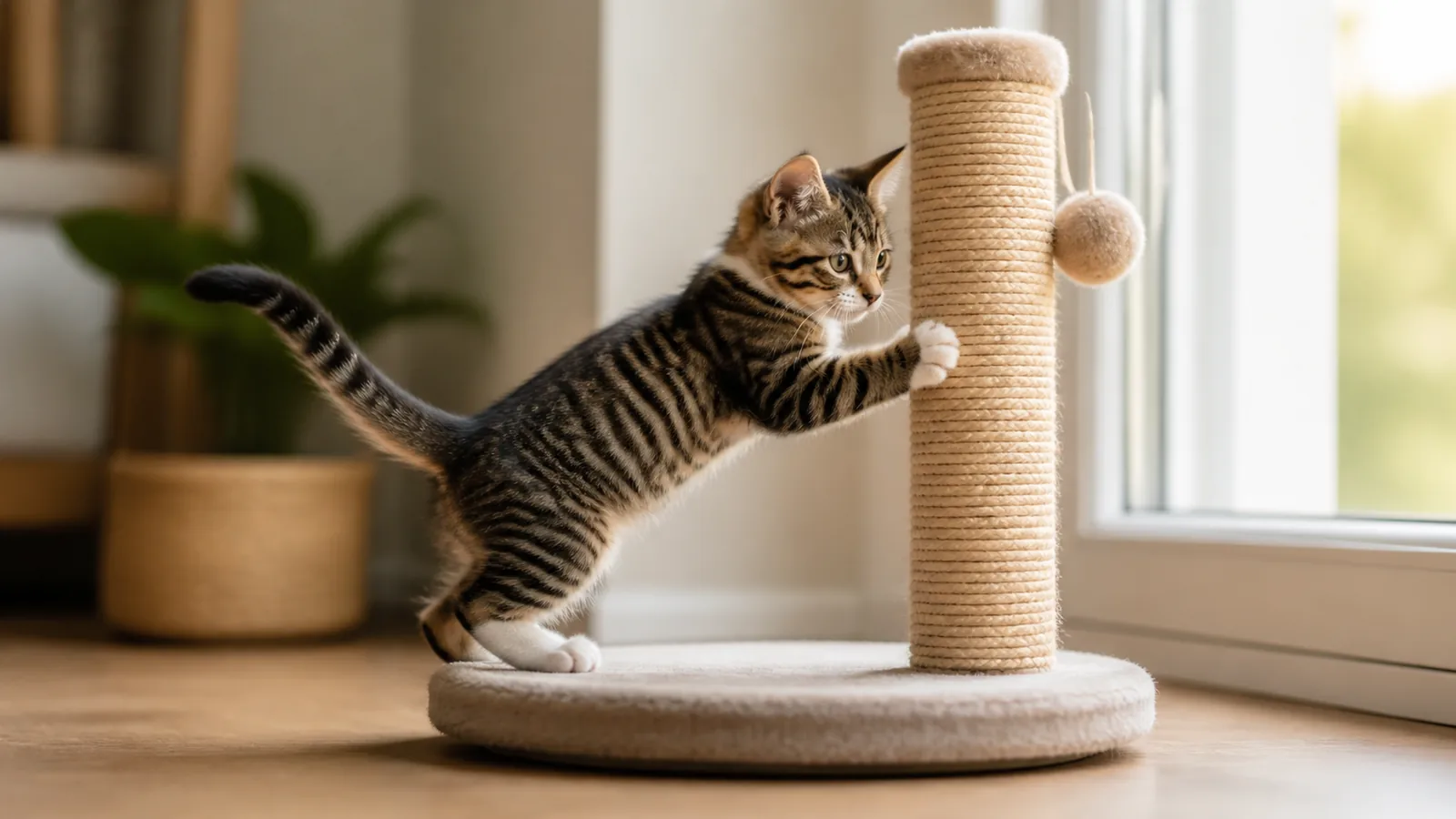 Chaton jouant près d’un arbre à chat dans un logement calme