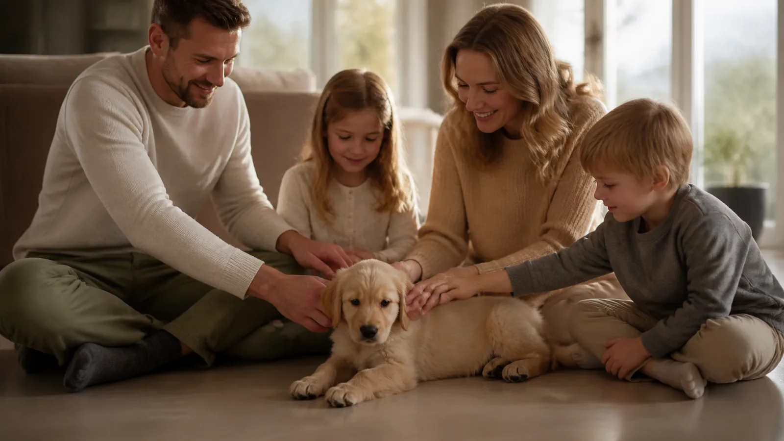 Une famille observe calmement un chiot