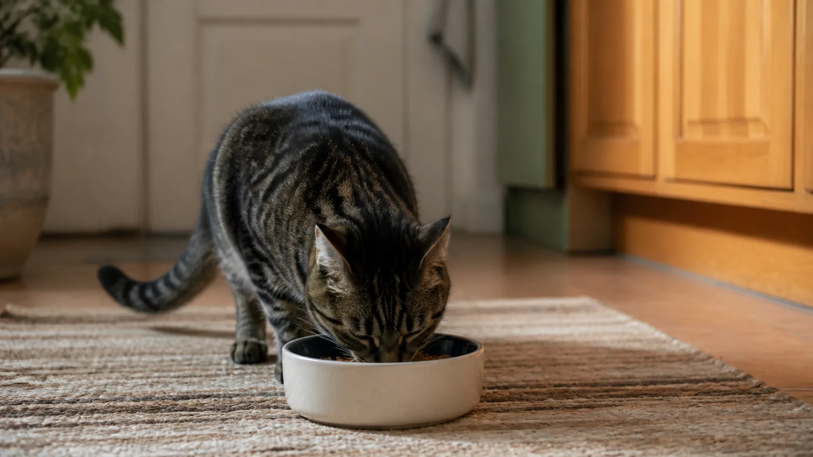 Chat adulte mange dans une gamelle simple posée sur un tapis, lumière douce de cuisine domestique, silhouette naturelle.