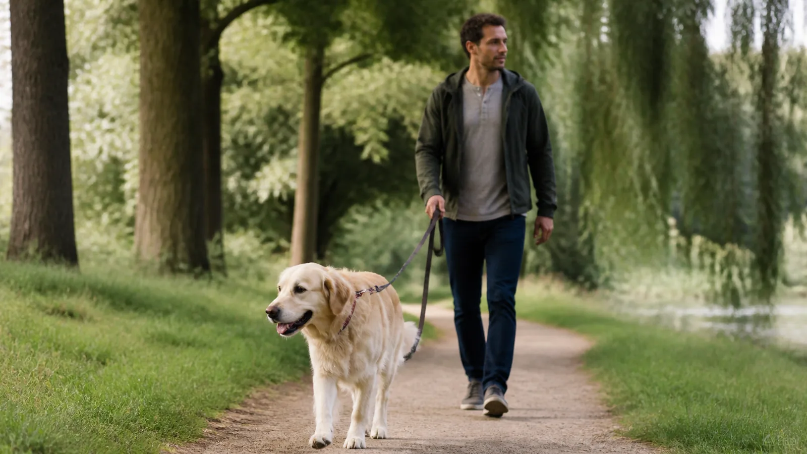 Chien adulte explore tranquillement un chemin de parc avec son humain, laisse souple et posture naturelle.