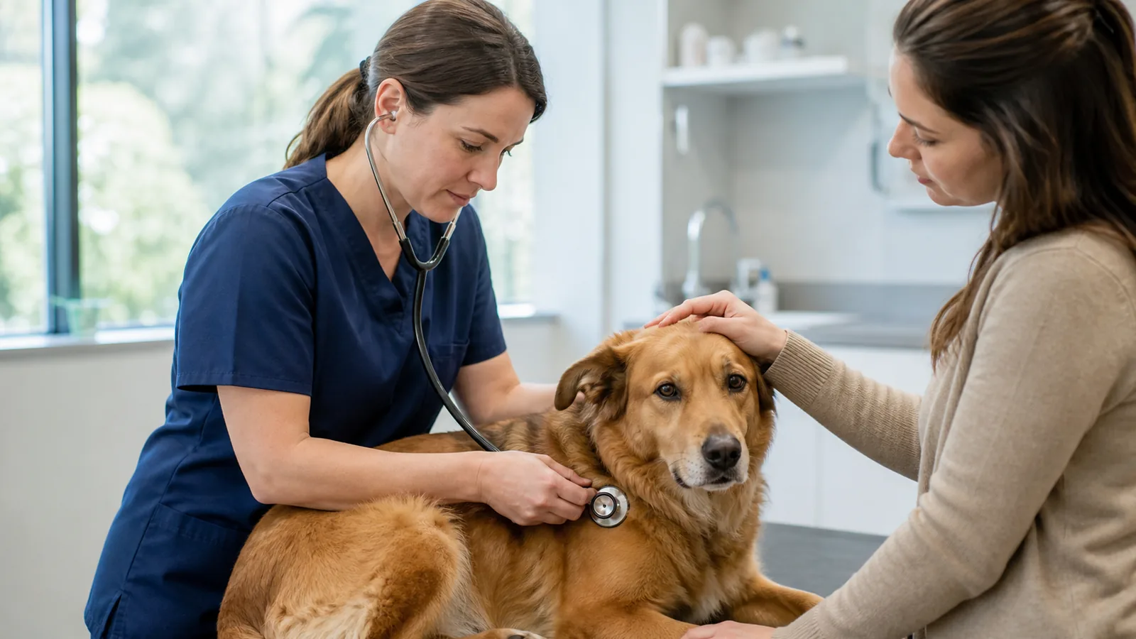 Une vétérinaire ausculte un chien pendant que sa propriétaire le rassure.