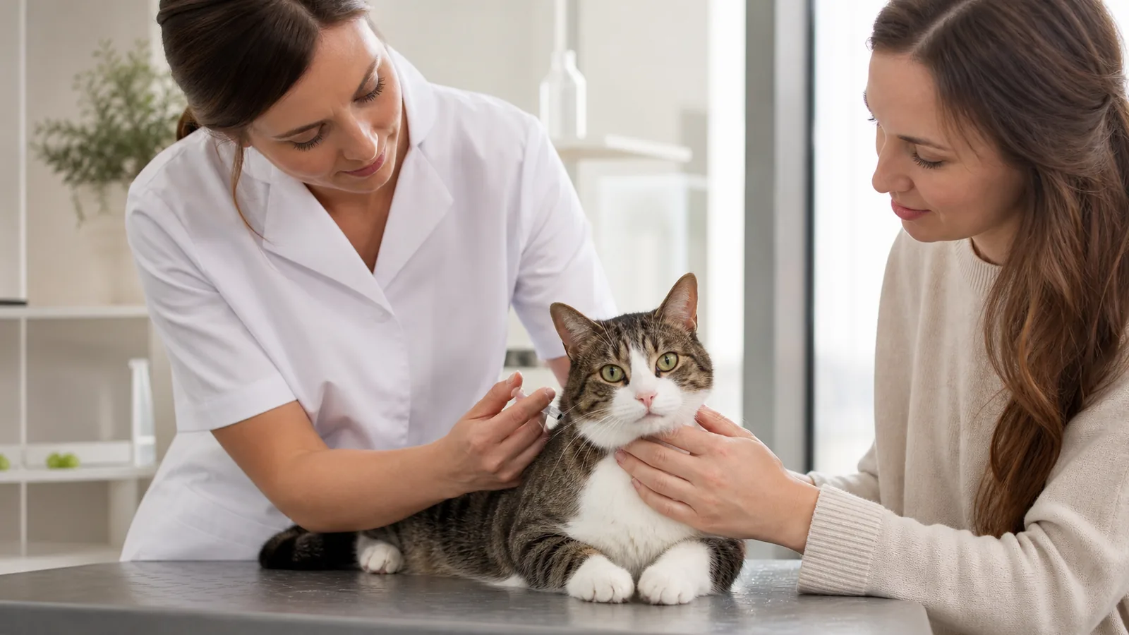 Une vétérinaire vaccine prudemment un chat rassuré par sa propriétaire.