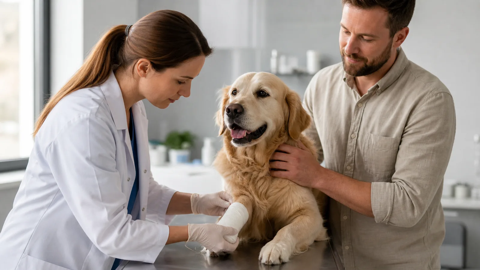 Une vétérinaire pose un bandage sur la patte d’un chien rassuré par son propriétaire.