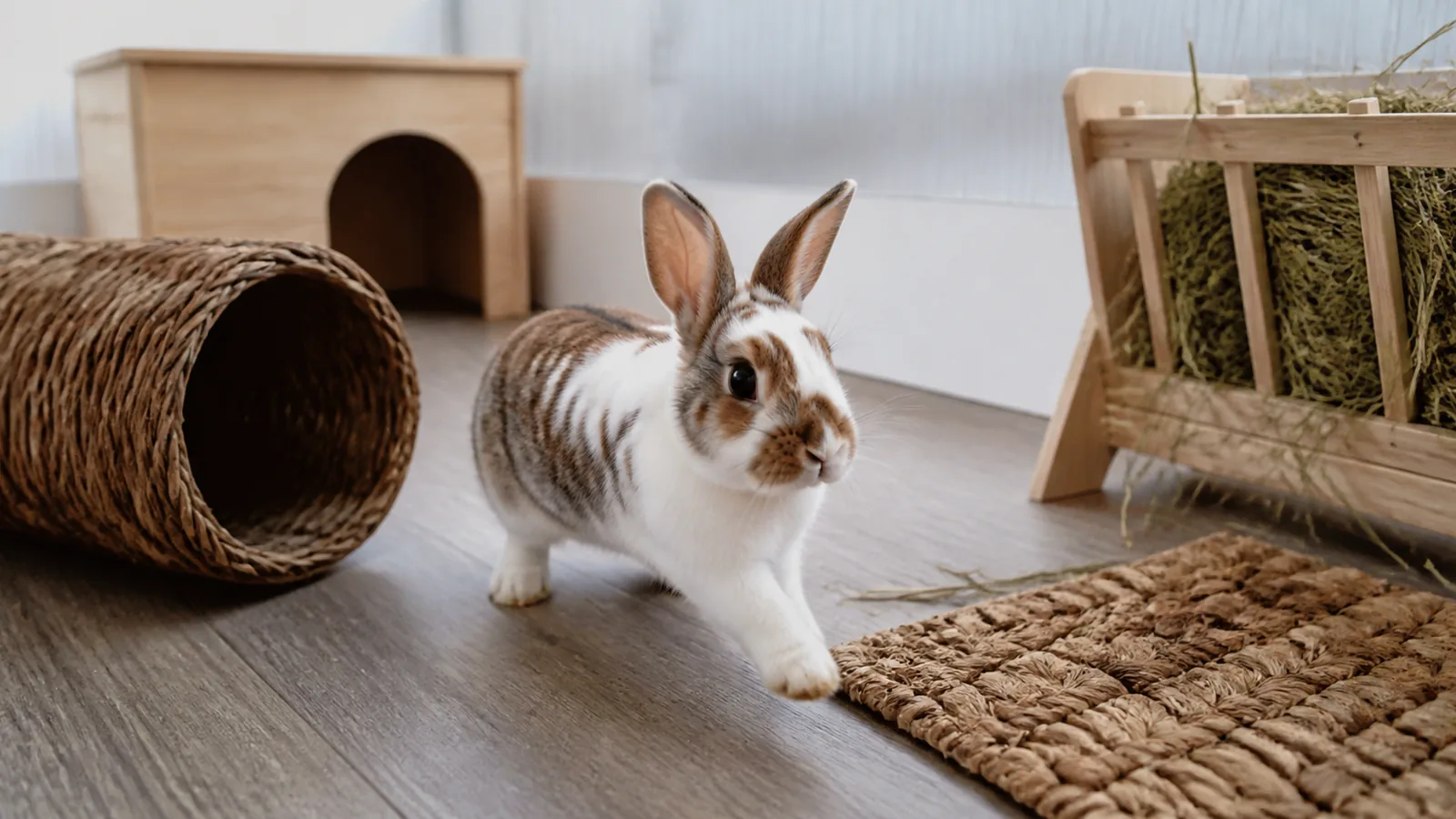 Lapin domestique explore un enclos spacieux avec tunnel en carton et foin, posture anatomiquement naturelle.