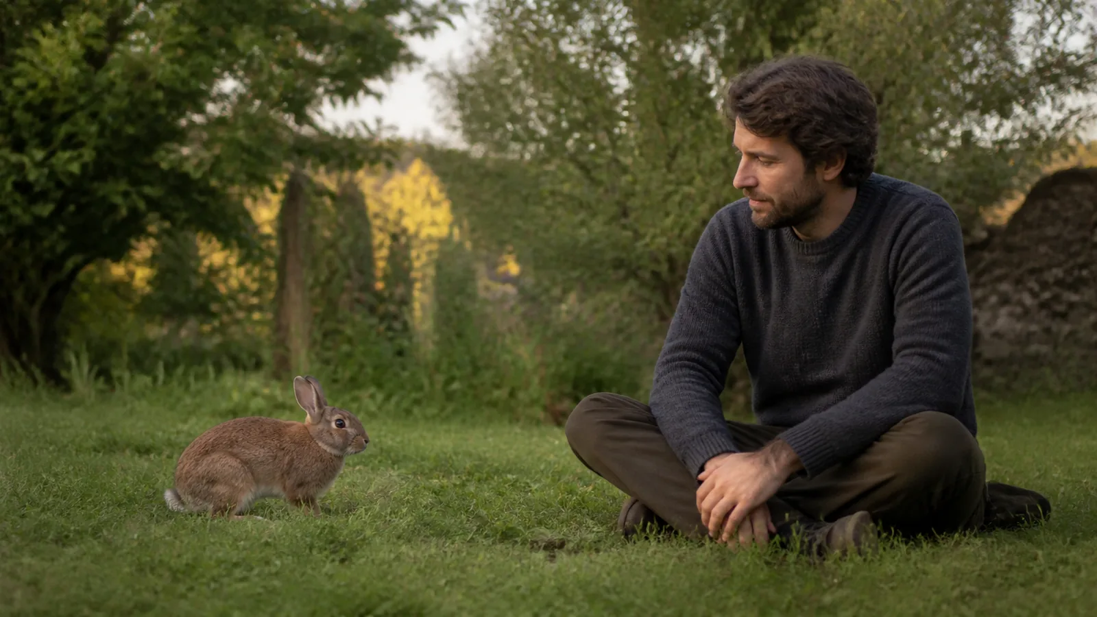 Adulte assis au sol observe un lapin qui s’approche librement, mains naturelles et distance respectueuse.