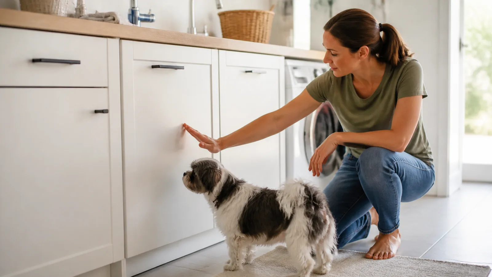 Adulte écarte avec précaution un petit chien curieux d’un placard ménager fermé, intérieur domestique lumineux et rangé.