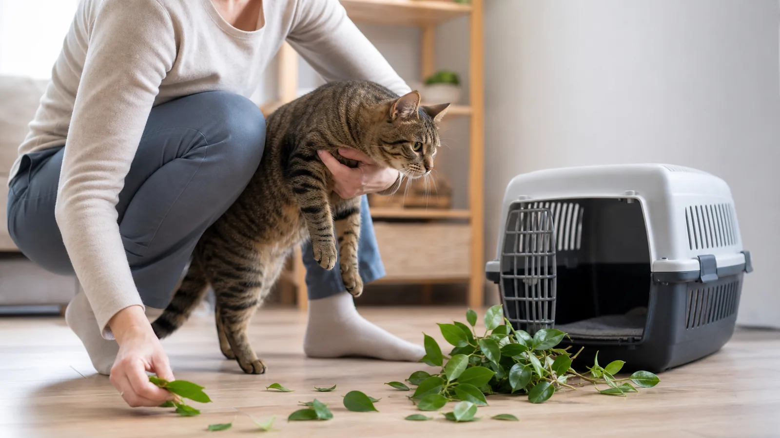 Un chat est éloigné de feuilles potentiellement dangereuses près d’une caisse ouverte.