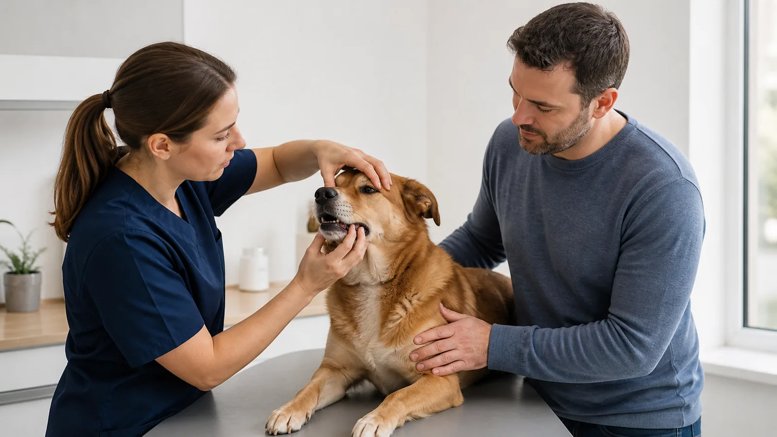 Une vétérinaire examine prudemment la bouche d’un chien rassuré par son propriétaire.