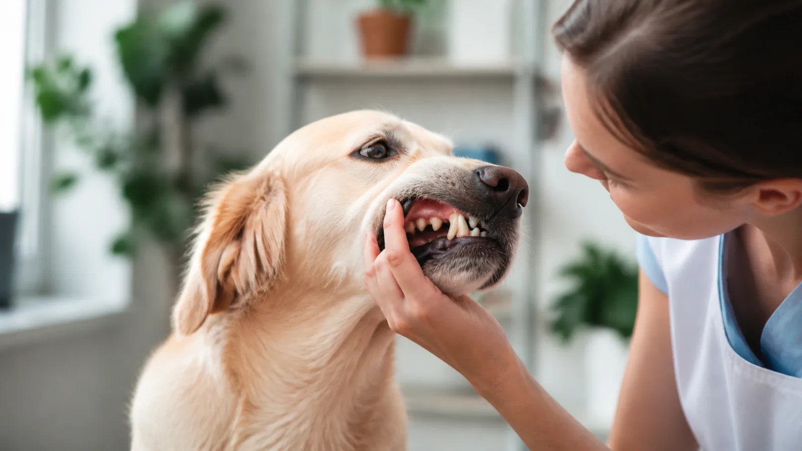 Chien adulte accepte calmement qu’un humain soulève doucement sa lèvre sans contrainte, salle lumineuse et anatomie naturelle.