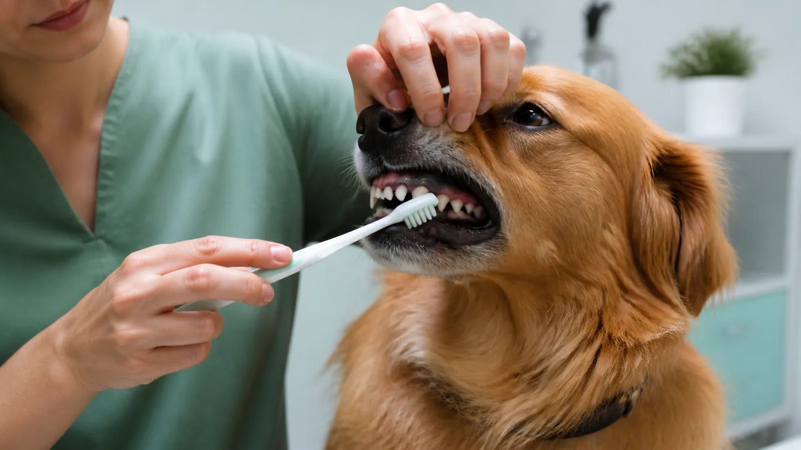 Les dents externes d’un chien sont brossées doucement avec une petite brosse canine.
