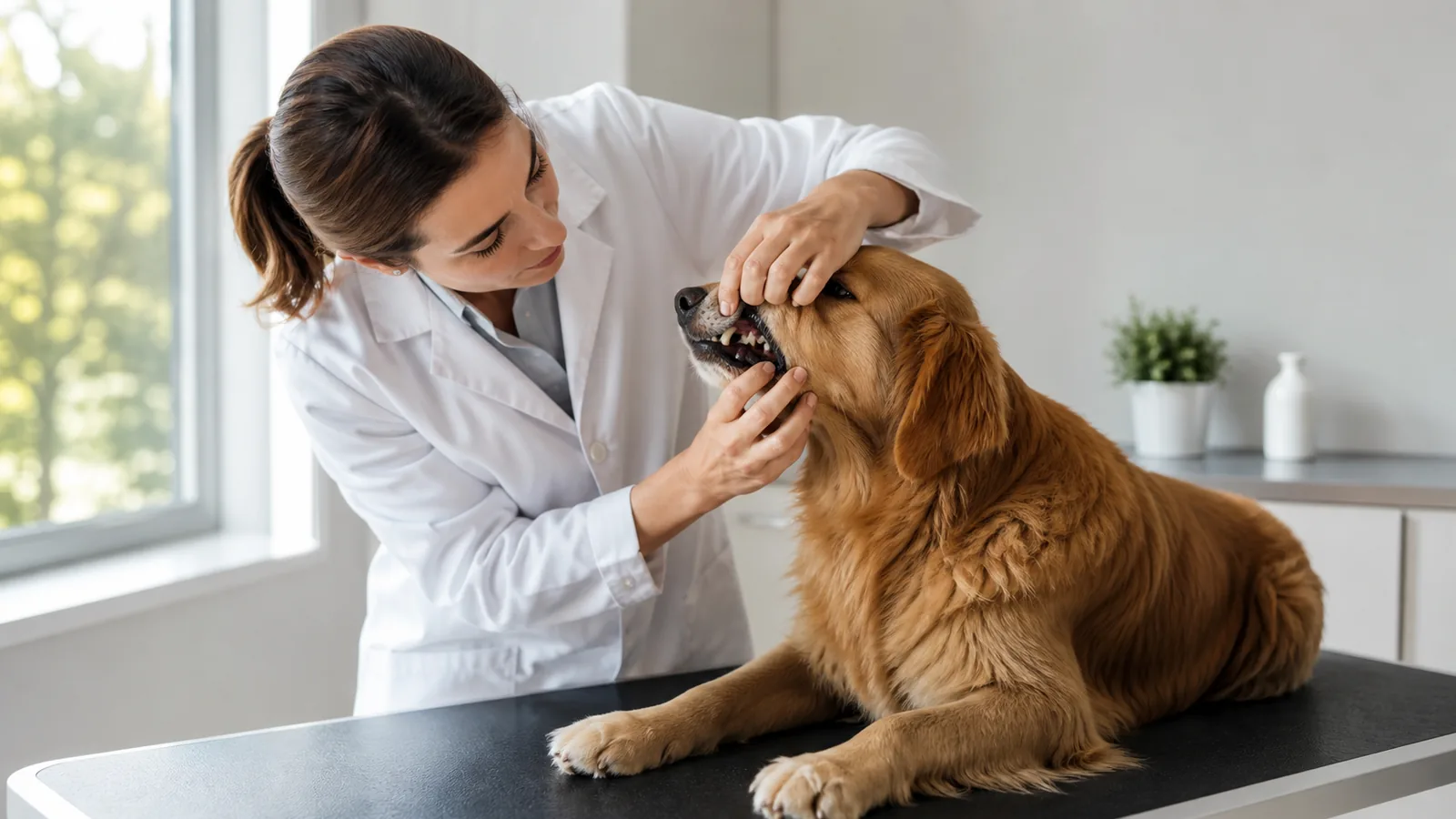 Vétérinaire observe délicatement la bouche d’un chien calme en consultation, scène réaliste et non anxiogène.