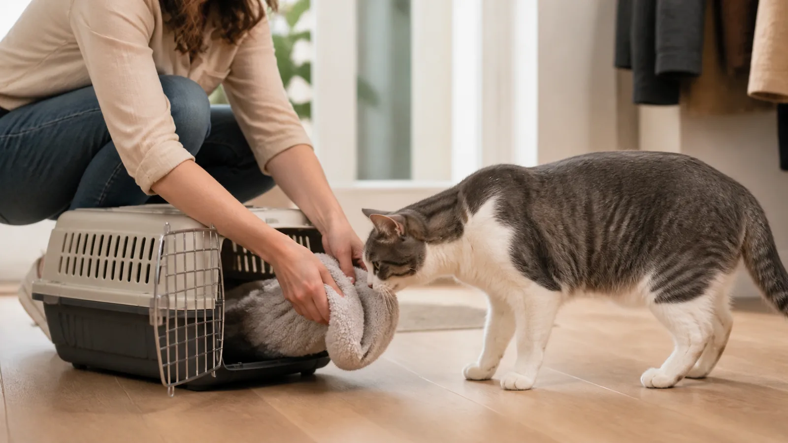 Un chat renifle une couverture placée dans sa caisse de transport avant une consultation.