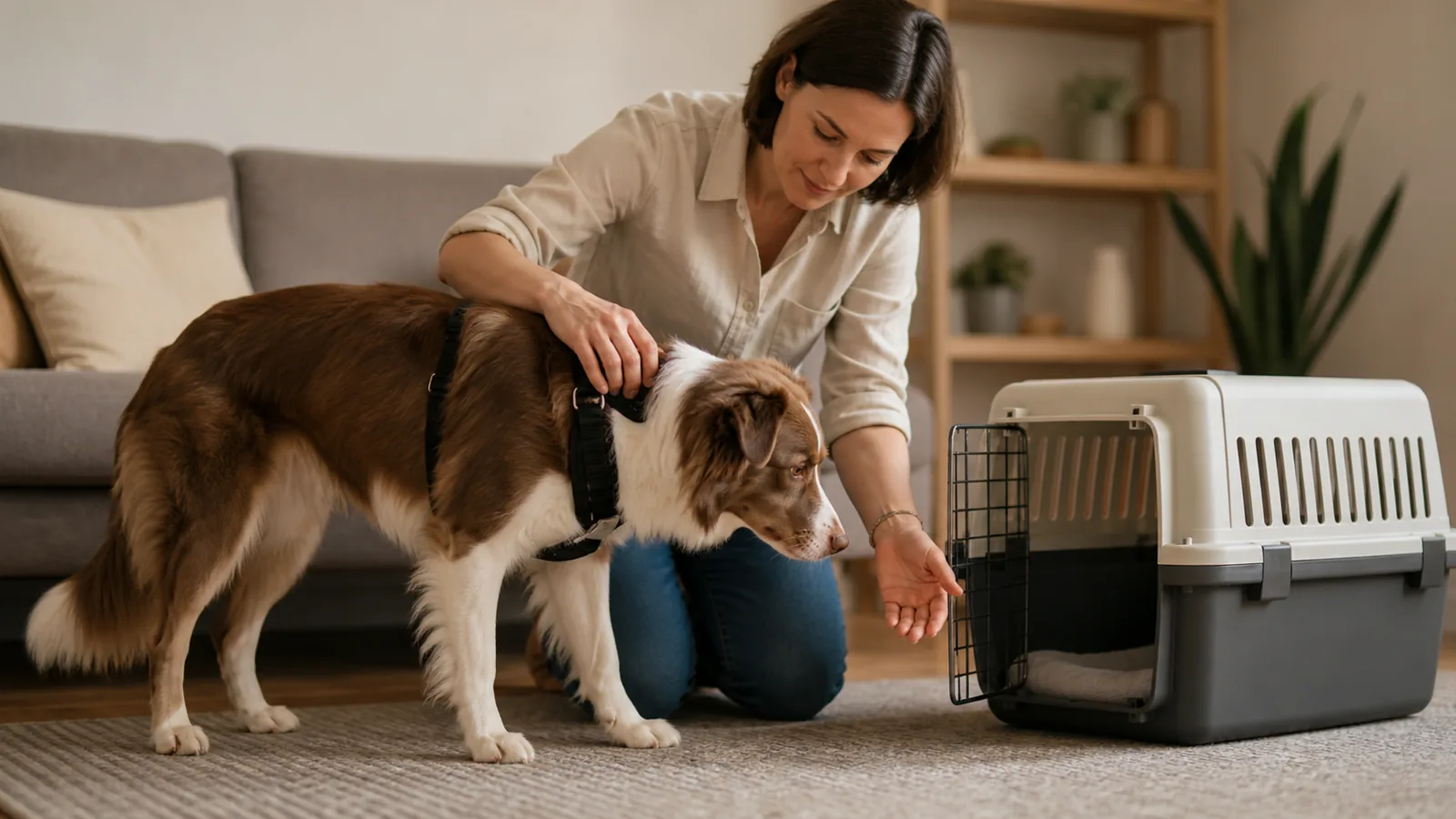 Un chien est guidé calmement vers sa caisse après l’ajustement de son harnais.