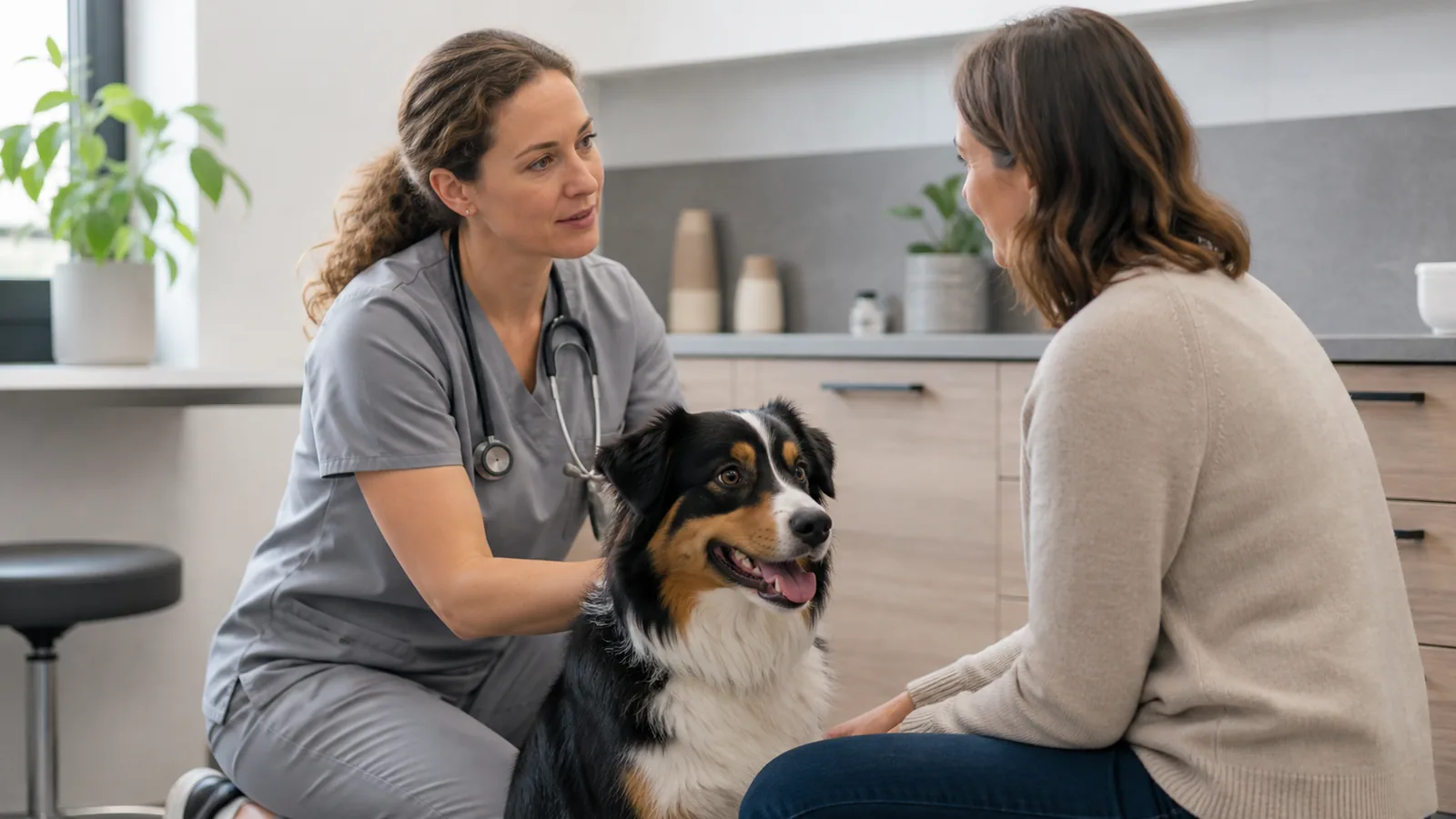 Échange préparé entre une vétérinaire et une personne accompagnée de son chien