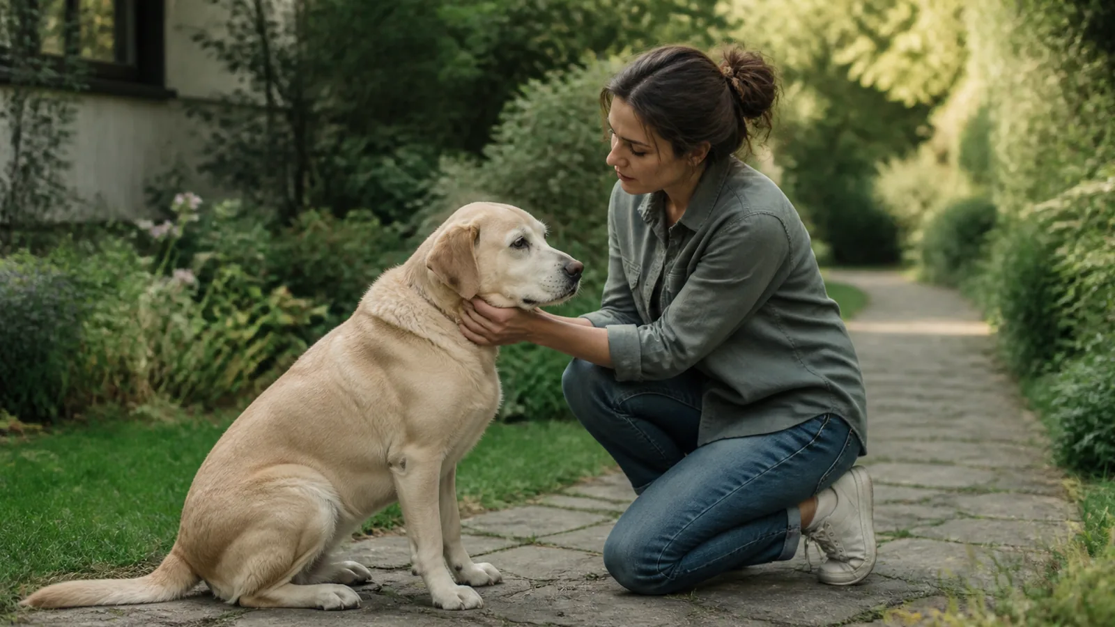 Chien adulte inspecté calmement après une promenade dans un jardin, humain accroupi et anatomie naturelle.