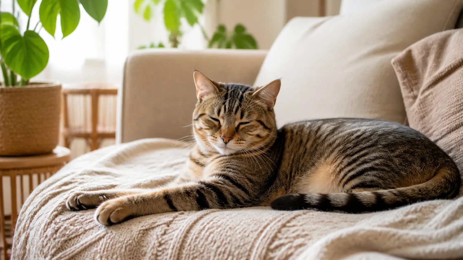 Chat adulte se repose sur un plaid propre dans une pièce lumineuse, environnement domestique crédible.