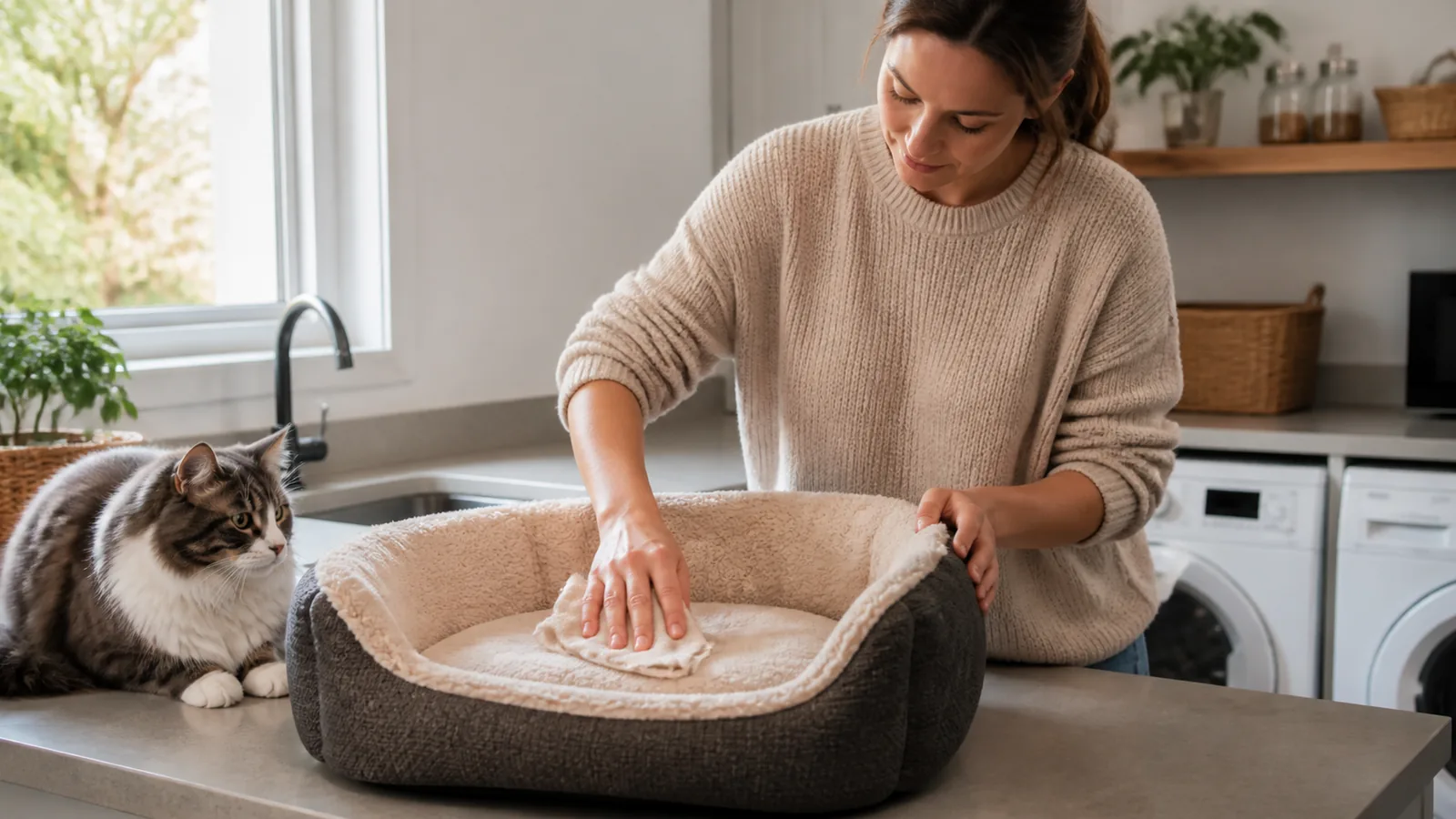 Adulte nettoie un couchage animal dans une buanderie claire avec produits hors champ, mains naturelles.