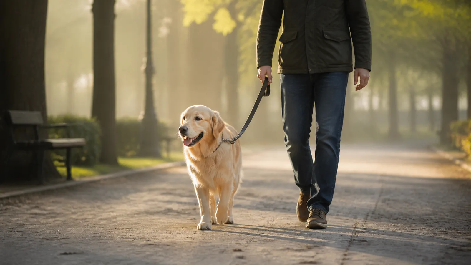 Chien adulte en promenade tranquille avec un humain dans un parc urbain, mouvement naturel et lumière de matin.