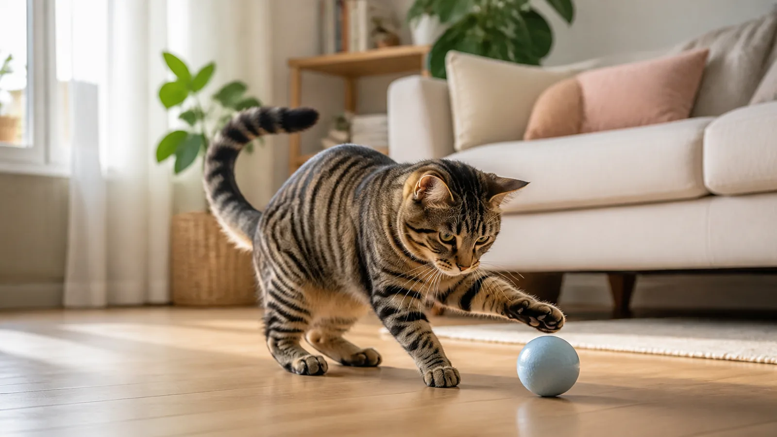 Chat adulte joue avec une balle simple dans un salon lumineux, posture féline naturelle.