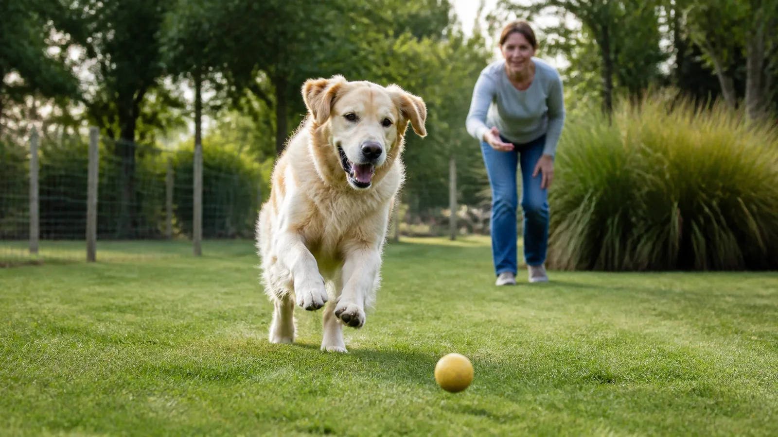 Un chien court vers une balle dans un jardin avec son propriétaire.