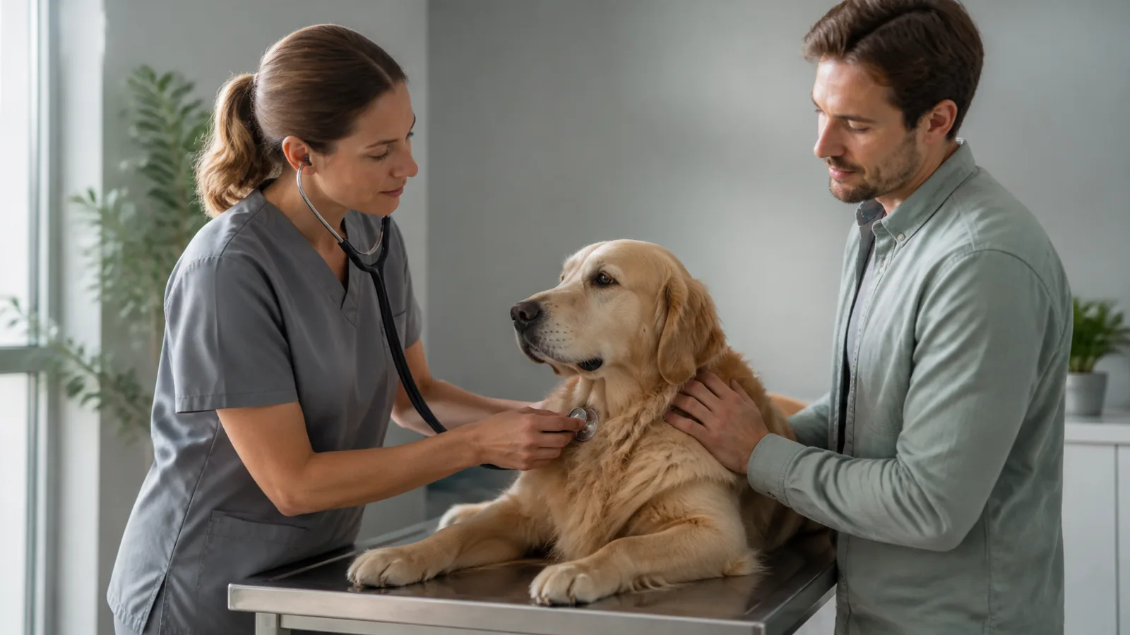 Un vétérinaire observe un chien pendant une consultation.