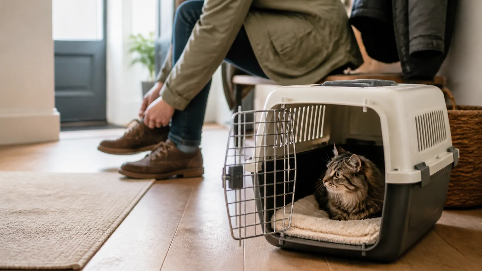 Un chat en caisse de transport avant un déplacement chez le vétérinaire.